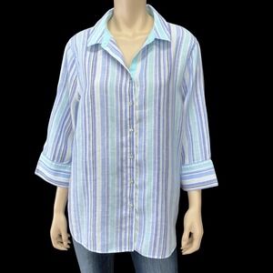 Chicos‎ Top Women Size 3 (US 16) Blue Stripe 3/4 Sleeve Button Down Shirt Linen